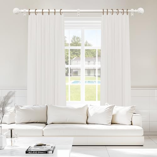 TKZTKZ White Curtain Rods for Windows 36 to 88:Boho Wooden Curtain Rod for Bedroom Livingroom Farmhouse 1 Inch Heavy Duty Adjustable Curtain Rod with Imitation Wood Grain Easy Install,Antique White