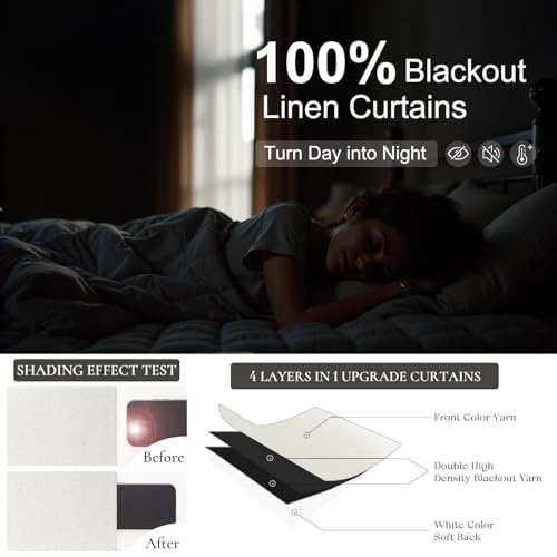 Cream Linen Blend Blackout Curtains 84 Inch Long 2 Panel Back Tab Thermal Insulated Light Blocking Curtain for Living Room Black Out Drape for Bedroom Neutral Rustic Farmhouse 52x84 Length Ivory White