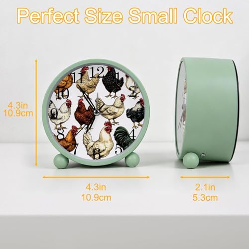 4.3" Analog Alarm Clock Silent Non Ticking, Small Clock with Night Light Battery Operated, Gentle Wake, Easy Set and Read (Chicken Rooster Hen Breeds Farm Animals Collection)