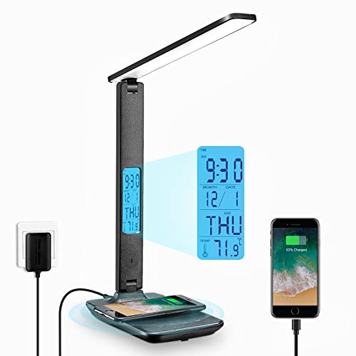 Desk Lamp with Wireless Charger: USB Charging Port, Table Lamp with Clock, Desk Lamps for Home Office College Dorm Room Essentials
