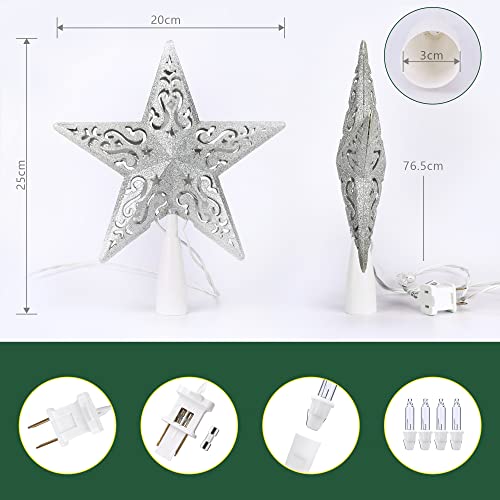 BrizLabs Lighted Christmas Star Tree Topper, 8” Silver Star Xmas Treetop with 10 Lights, UL Certified Plug-in Warm White Tree Topper for Holiday Christmas Tree Decor