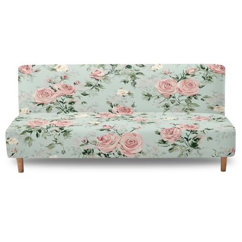 Pink Rose Futon Couch Cover Full Size Light Green Couch Slipcovers Without Armrest Easy Going Stretch Sofa Covers for Living Room