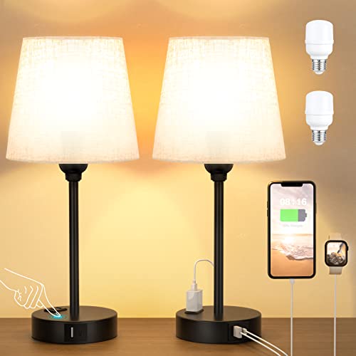 Mini Bedside Lamps for Bedrooms Set of 2 - Nightstand Bedroom Lamps with USB C Port and AC Outlet Charging, Dimmable Touch Small Bed Side Table Lamp, Black Night Stand Light for Kids/Guest Room