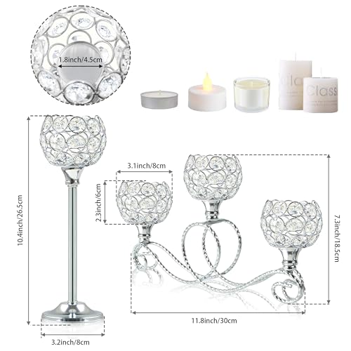 Silver 5 Arm Metal Crystal Tea Light Candle Holder, Elegant Wedding Table Centerpiece Candle Holder, Christmas Wishing Crystal Bowl Candle Holder Suitable for Wedding Party Living Room Decoration