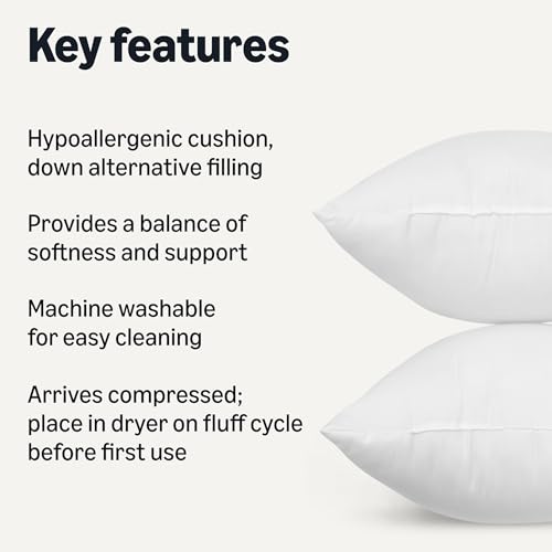 Amazon Basics Square Hypoallergenic Down Alternative Pillow Insert, Machine Washable, Softness and Support, 20 inch, 2-Pack
