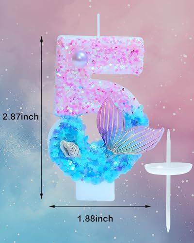 Mermaid Themed Birthday Candles, Number 5 Girls Glitter Birthday Party Supplies,Anniversary Party Decor,2.87 inch Cake Topper Decorations (Mermaid Themed, Number 5)