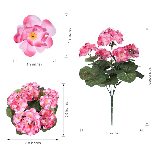 Artificial Geranium Fake Flowers for Outdoors Decoration, 6 Bundles Silk Geraniums Pink Flower UV Resistant Look Real Faux Plants for Outside Planter Front Door Garden Porch Patio Balcony Yard Home