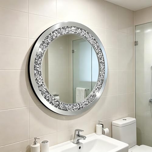 28 Inch Crushed Diamond Round Glass Wall Mirror, Bathroom Mirror, Wall Decoration Hanging Mirror, Suitable for Living Room, Bedroom, Vanity