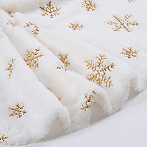 Christmas Tree Skirt 48 Inch Gold Snowflakes White Faux Fur Tree Skirts Fluffy Plush Tree Mat for Artificial Tree Decorations Indoor