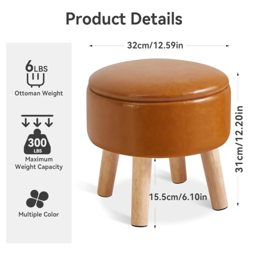 IBUYKE Small Foot Stool Ottoman with Storage, Round,Yellowish-Brown