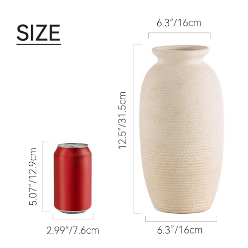 Ceramic Flower Vase, 12.5" Large Rustic Farmhouse Vases Home Decor Tall Pottery Decorative Pampas Vase for Table Living Room Entryway Mantel Bookshelf Bedroom Bathroom Kitchen - W