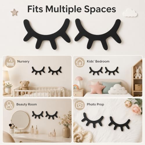 VOSAREA Sleepy Eyes Wall Decor: Wooden Eyelash Wall Art Decal Nursery Decor 3D Sleepy Eyes Stickers Prop for Christmas Baby Room Kids' Bedroom, Black