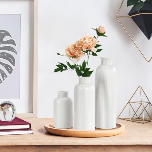 Small White Ceramic Vase Set of 3, Boho Modern White Flower Vase Room Decor, Farmhouse Decor, Vases for Your Kitchen, Bathroom, Bedroom, Living Room, Office&Shelf Centerpiece Table Decorations