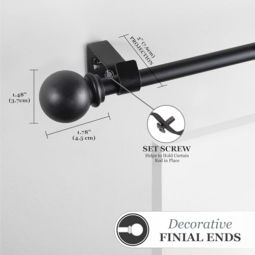 Kenney Chelsea Ball End Window Curtain Rod - Adjustable for Windows 48 to 86 Inches, Extendable Set, Black