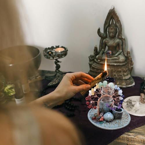 5 in 1 Incense Burner Holder with Crystal Healing Tree, Palo Santo Holder, Sage Holder, Incense Holder for Sticks/Cones/Candles, Ceramic Tray Ash Catcher for Burning Incense, Meditation Gift