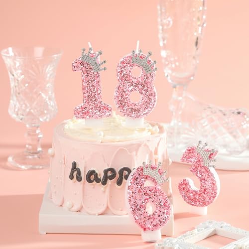 PHD CAKE Birthday Number Candles,Pink Crown Birthday Candles for Cake,Glitter Number 4 Candle Cake Topper with Sequins for Girls,Women, Anniversary Celebrations Supplies