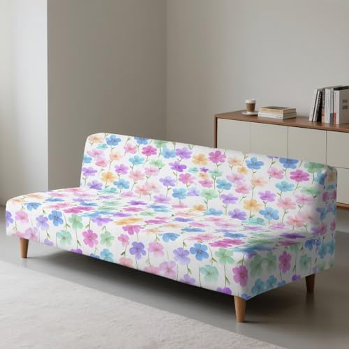 Colorful Cherry Blossom Print Armless Futon Sofa Cover, Anti Scratch Furniture Protector Breathable Folding Sofa Bed Slipcover with Stretch Bottom for Kids and Pets
