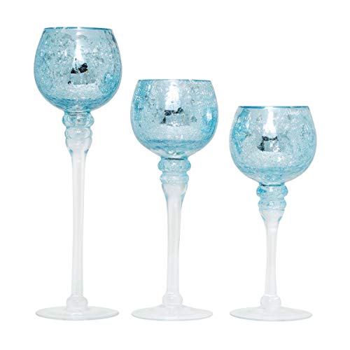 Hosley Elevate Ambiance with Set of 3 Crackle Blue Glass Tealight Holders 12 Inch, 10 Inch, 9 Inch Stylish Home Decor for Unique Candle Displays