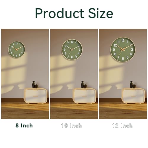 Roymnie Wall Clock Green, Silent Wall Clocks Battery Operated 8 Inch-Modern Non Ticking Analog Clock Decorative for Kitchen Office Bathroom Bedroom(Gold)