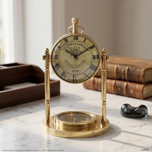 LIARA Vintage Brass Gold Table Clock Compass | Elegant Vintage Nautical Timepiece for Home & Gift