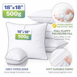 18x18 Throw Pillow Inserts Set of 4, 500g Extra Filled Decorative Pillow Inserts with Grey Piped Edge, Soft Fluffy Supportive Couch Sofa Bed Pillow Forms, Hypoallergenic Polyester Fiber, White