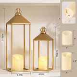Set of 2 Decorative Lanterns with Candles, Gold Metal Lanterns Decor
