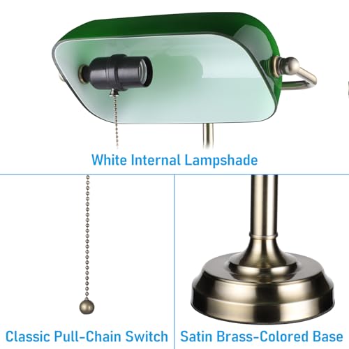 TORCHSTAR Green Glass Bankers Desk Lamp with Pull Chain, E26 Base | Brass Finish Base, Antique Traditional Library Lamp for Office Study Room, Bulbs not Included