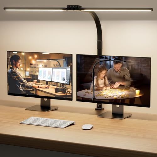 LED Desk Lamp for Home Office - Dimmable Computer Desk Light with Clamp, Modern Architect Task Lamp with Color Changing, Flexible Desktop Lamp with Gooseneck for Monitor, Double Head, Black