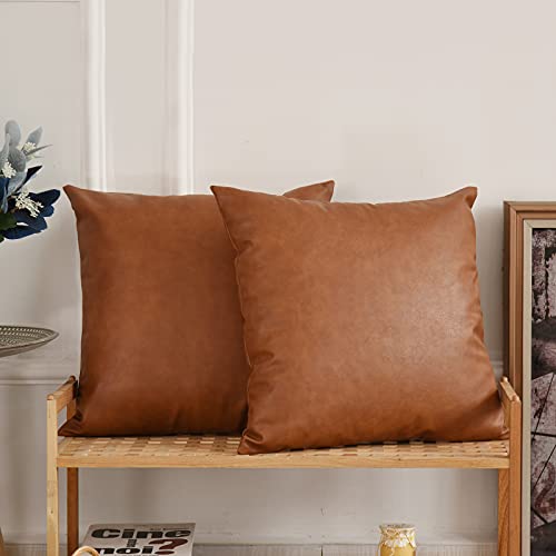Tosewever Faux Leather Throw Pillow Covers, 18 x 18 inch Set of 2 Luxury Cognac Brown Modern Pillowcases Solid Decorative Square Cushion Cases for Bedroom Living Room Couch Bed Sofa (Brown, 18" x 18")