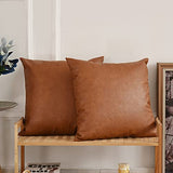 Tosewever Faux Leather Throw Pillow Covers, 18 x 18 inch Set of 2 Luxury Cognac Brown Modern Pillowcases Solid Decorative Square Cushion Cases for Bedroom Living Room Couch Bed Sofa (Brown, 18" x 18")