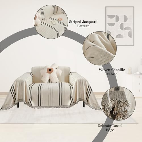 DREAMINGO Couch Cover for Armchair Reversible Chenille Chair Sofa Protector Washable Couch Cover Blanket for Living Room Striped Jacquard Recliner Furniture Slipcover 71"x71"