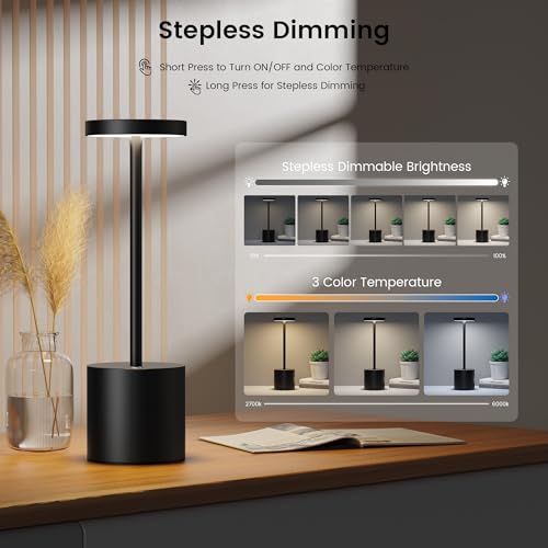 2 Pack Rechargeable Table Lamp, LED Cordless Table Lamp,5000mAh Battery Operated Portable Table Light,Dimming for Restaurant/Patio/Outdoor(Black)