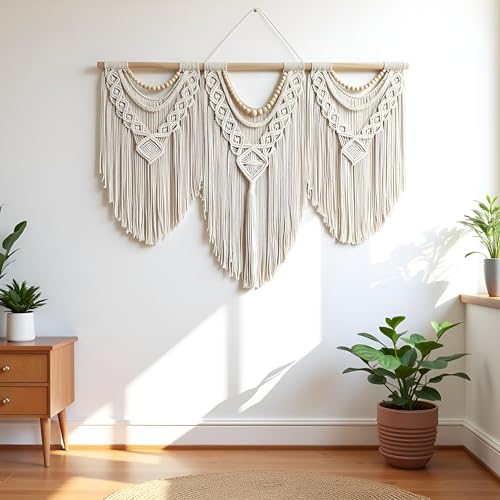 guzhiou large macrame wall hanging - Boho Tapestry Macrame Wall Decor Art- Chic Bohemian Handmade Woven Tapestry Home Decoration for Bedroom Living Room Apartment Wedding Party - 43"x32" (Wood bead)