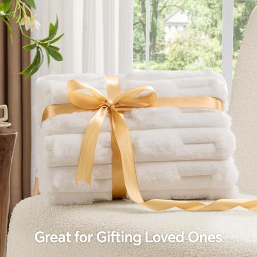 BEDELITE Faux Fur Cream Throw Blanket for Couch - Super Soft & Cozy Plush Striped Blanket for Sofa and Room Decor, Luxury Fluffy All-Season Blankets Gift for Women, Men, Mom, Dad, 50x60 inch, Cream