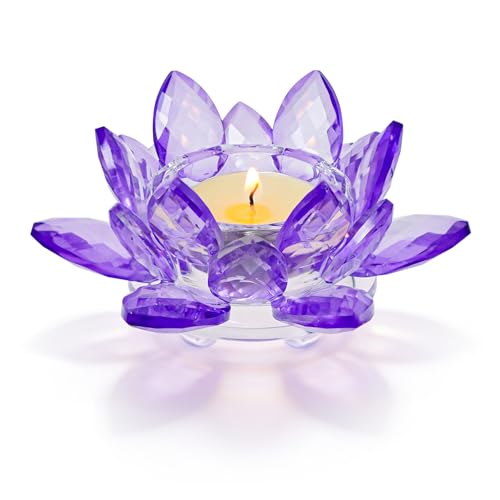 1 Pc Purple Crystal Lotus Flower Tealight Candle Holder | Glass Votive Candlestick Decor for Home, Wedding, Party & Christmas Table Centerpieces