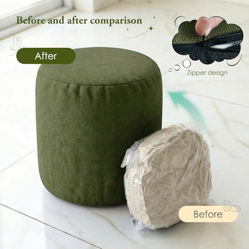 ele ELEOPTION Round Stuffed Pouf Ottoman Poufs with Foam Chunk Filling Pouf Foot Stool Storage Ottoman, 20 X 14 Floor Poufs Foot Rest for Living Room Green