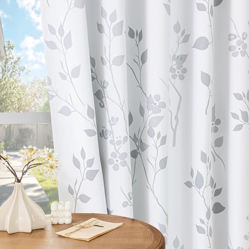Beauoop Floral 100% Blackout Curtains 84 Inches Long 2 Panels for Bedroom Living Room Grey White Flower Patterned Room Darkening Thermal Insulated Soundproof Grommet Window Treatments Drapes, 52X84