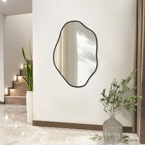 ULIKE Irregular Wall Mirror, 24x36 Inch Black Asymmetrical Mirror with Solid Wood Frame, Abstract Organic Shape Vanity Mirrors for Bathroom Bedroom Living Room Entryway