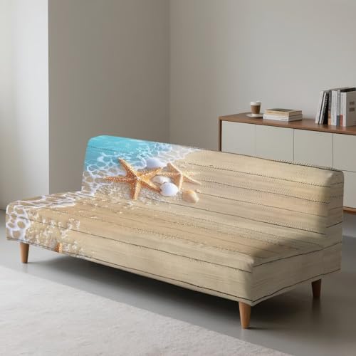 Futon Sofa Cover Starfish Wood Print Armless Couch Cover Stretch Futon Slipcover Easy to Install Futon Accent Slipcovers Dustproof Xmas Decor