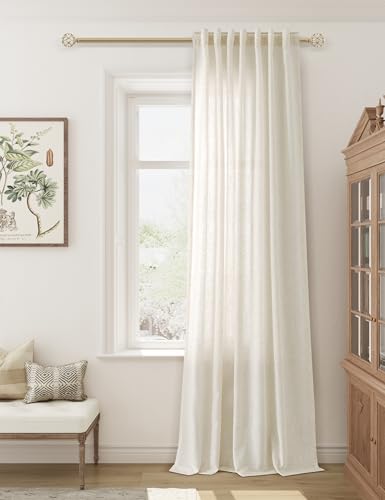 Guken Natural Cream Linen Curtains 84 inches Long for Living Room Bedroom 1 Panel Back Tab Privacy Semi Sheer Boho Farmhouse Light Filtering Window Curtain 84 Inch Length Ivory Off White Linen Drape