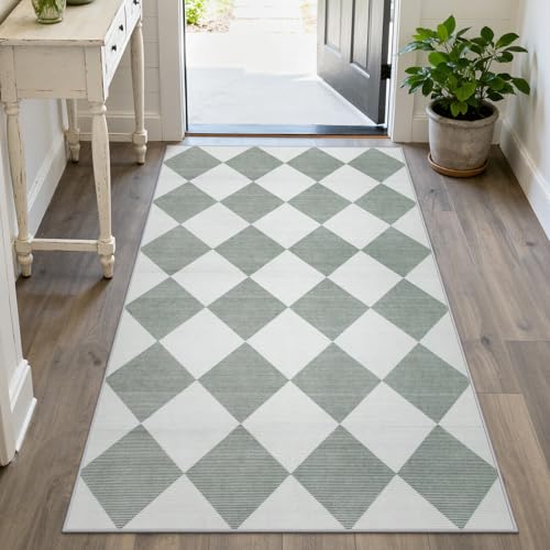 Checkered Print 3x5 Washable Rug for Entryway, Non Slip Soft Small Bedroom Rug 3x5 Ultra Thin Moroccan Bathrooom Decor, Gingham Plaid Carpet for Laundry Entry Kitchen Nursery (Green/White)