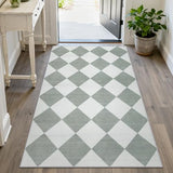 Checkered Print 3x5 Washable Rug for Entryway, Non Slip Soft Small Bedroom Rug 3x5 Ultra Thin Moroccan Bathrooom Decor, Gingham Plaid Carpet for Laundry Entry Kitchen Nursery (Green/White)