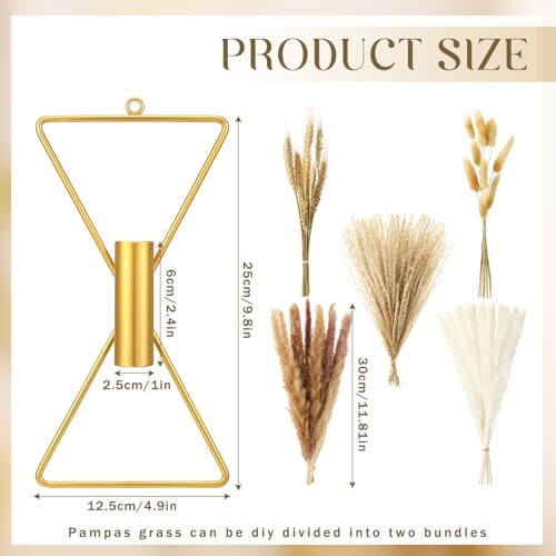 Peryiter 2 Pcs Boho Gold Wall Decor Metal Wall Art X Shaped Hanging Planters with Artificial Pampas Modern Home Gold Bathroom Decor for Bedroom Living Room