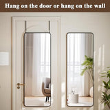 VooBang 14"x48" Full Length Over The Door Mirror - Aluminum Alloy Frame Full Body Mirror with Height-Adjustable Hangers, Hanging Leaning Against Wall for Dorm, Black