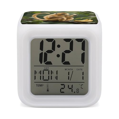 Golden Monkey 7 Color Changing Alarm Clock Adults Cube Digital Night Light with Calendar Temperature Display Wake Up LED Alarm Clock for Bedroom Office Bedside Desk