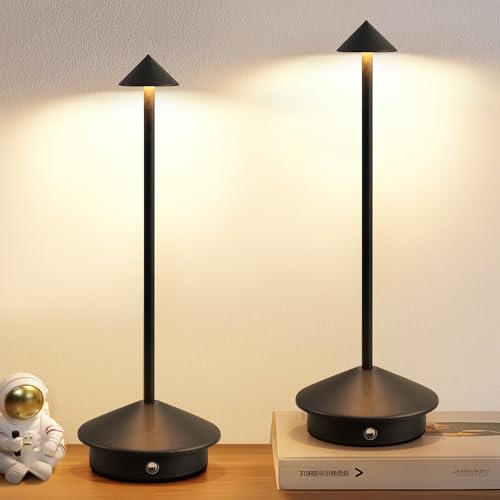 Modern Cordless Table Lamp Set of 2, Portable LED Desk Lamps, 5000mAh Rechargeable Battery Operated Lighting for Bedroom Dining Room Restaurant Coffee Shop Camping Night Light (Black)