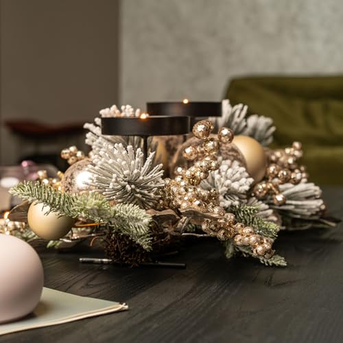 YULETIME 28" Christmas Triple Candelabrum, Golden Baubles, Berries & Leaves