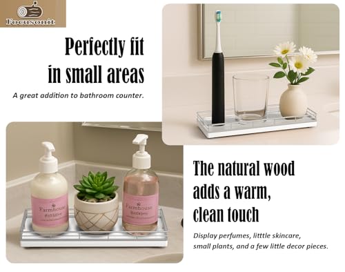 Bathroom Tray for Counter, Oak Wooden 11.2" L Vanity Tray for Jewelry Candle Makeup Perfume, Holder for Coffee Table Decor Bar Silver