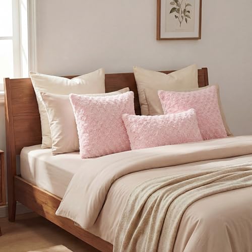 FUTEI Pack of 2 Solid Throw Pillow Covers 18x18 Inch Soft Rose Swirl Textured Decorative Cushion Case Modern Farmhouse Accent Decor for Couch Bed Living Room, Pink