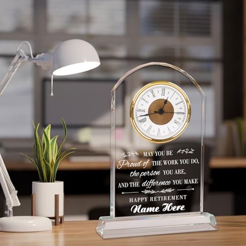 Personalized Crystal Quartz Clock, Retirement Gift for Women, Men, Retirement Clock Quartz Desk Clock, Premium Crystal Clear Glass Plaque, Retired for Teacher, Boss, Leader, Doctor